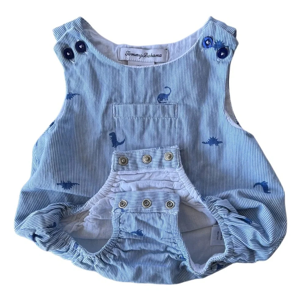 Tommy Bahama 6-9 M Light Blue White Striped Baby Bubble Romper Dinosaurs Overall